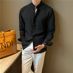 Mr. NR Slim Fit Long Sleeve Shirt Collar Stand up Cotton Linen Fabric Casual Thin Vintage Holiday Mens Pure Color Shirt