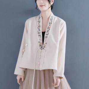 เสื้อคาร์ดิแกนคอวีแขนยาวผ้าขนสัตว์สไตล์จีน ทรงหลวม ฤดูใบไม้ร่วง/ฤดูหนาว เสื้อผ้าทำงานสไตล์จีน แฟชั่นผู้หญิง