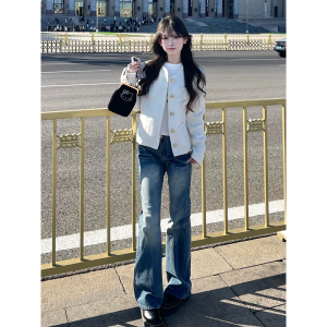 กางเกงยีนส์ทรงหลวมขาตรงทรงเข้ารูปสไตล์ย้อนยุคสำหรับผู้หญิง กางเกงขายาวทรงขาบานแบบไม่พอดีตัว ทรงหลวม เอวยางยืด