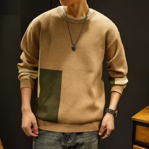 Premium Knitted Sweater Mens Loose Fit Long Sleeve round Neck Pullover Thick Yarn Color Block Fashionable Autumn Wear