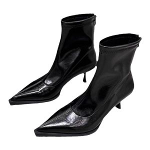Womens Pointed Toe Short Boots Elastic Slim Fit High Heel Zipper Closure Korean Style Autumn Winter New Arrival Sonlarfu