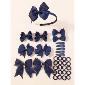34Pcs Back to School Bows Set for Baby Girls Handmade Navy Blue Ribbon Hair Clips Hairbands Hair Rope Kids Hair Accessories