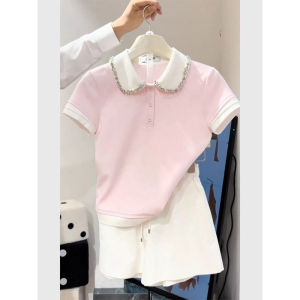 Summer Unique Beautiful Pink Doll Collar Embellished Short Sleeve Top And Short Skirt Two Piece Set Sweet Style Ensemble