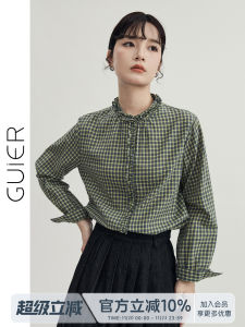 Guier Plaid Shirt Womens Spring New Vintage French Style Loose Fit Long Sleeve Floral Edge Top High Quality Ladies Fashion