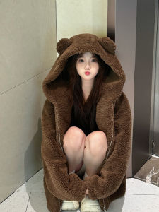 Young Style Bear Ear Hooded Fur Coat Thick Warm Eco-friendly Leather Outerwear Zipper Closure Long Sleeve Commute Style