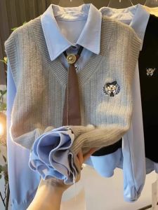 เสื้อเชิ้ตแขนยาวผู้หญิง ชุดสองชิ้น สไตล์วิทยาลัย ฤดูใบไม้ร่วง/ฤดูหนาว เสื้อกั๊ก ชุดทำงาน ปกโปโล คอตตอน สีพื้น