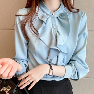 Chic Slimming Stand Collar Long Sleeve Womens Chiffon Shirt Spring Fashionable Ladylike Lace Trim Anti-aging Trendy Top