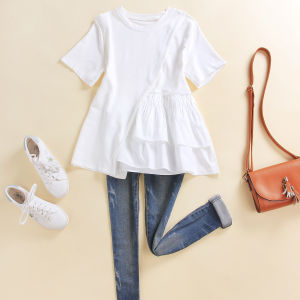 เสื้อยืดแขนสั้นทรงหลวมสไตล์เกาหลีสำหรับผู้หญิง ฤดูร้อน 2023 ทรงเข้ารูปไม่สมมาตร ปกติ คอตั้ง เส้นใยโพลีเอสเตอร์