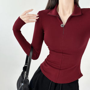 Slim Fit Long Sleeve V-Neck T-Shirt Womens Base Shirt Inner Wear Casual Cotton Polyester Blend Short Length Sweet And Spicy Style