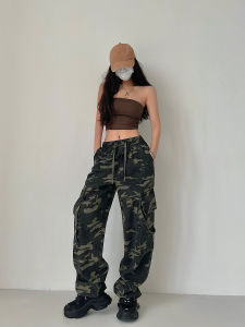 Young เด็กผู้หญิง วัน ลำลอง ลายพราง กางเกงคาร์โก้ หลวม Fit กางเกงขายาว สตรีทสไตล์ เชือกรูด Cuffed Multi-pocket Workwear ยาว กางเกงขายาว