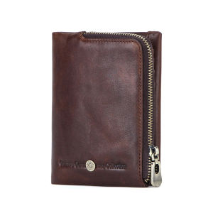 Ví nam da thật Ví đựng xu kéo khóa chất lượng cao ngựa điên ngắn da túi tiền rifd đồ đựng thẻ nam Nhỏ Ví gấp hai