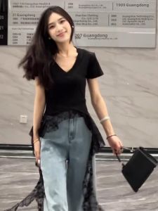 BINKAFENNY | Irregular V-neck Lace Splicing Short Sleeve Womens Summer Design Unique Exquisite Waist-cinching Beautiful Top Korean Style Commute