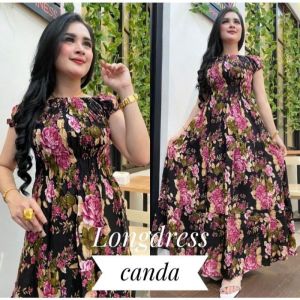 Dres Bali lONG CANDA MAWAR BESAR/LONG DRESS - gaun panjang bermotif bunga besar lengan pendek dengan detail renda cocok untuk acara formal atau semi-formal.