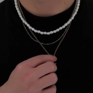 Ingemark 3 Pcs/Set Bohemia Imitation Pearl Jesus Cross Pendant Necklace for Men Punk Creative Metal Street Jewelry Accessories