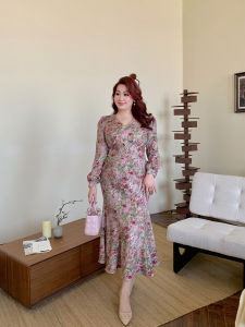 GLEC | Autumn Winter French Retro Floral Pleated V-neck Mermaid Dress