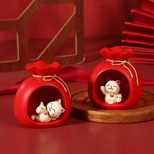 5.5cm*6cm  Chinese Red Fortune Cat Lucky Jewelry Cartoon Resin Crafts Lucky Jewelry 风水 迷你福袋招财猫