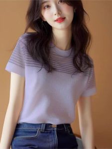 T-Shirt High-End Ice Silk Womens Wear Belly Covering Base Summer Tops 2024 New Arrival European Goods Short Sleeve Stripes High-End Best Selling