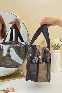 กระเป๋าถือ พีวีซีใส สีชา กระเป๋าแบบพกพา กระเป๋าเครื่องสำอางอเนกประสงค์ 3 ขนาด ความจุขนาดใหญ่