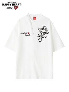 CHARLES JANGS HAPPY HEART | Cross Design and Diagonal Button Closure Loose Short Sleeve T-Shirt
