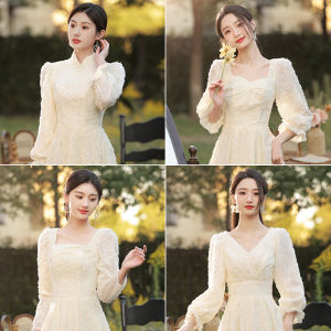 Long Champagne Color Maidsmaid Dress Winter New Style Korean Version mid Waist Floor Length Wedding Sisters Gown Fairy Tale Atmosphere Sleeve