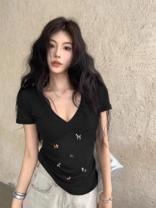 Summer New V-Neck Short Sleeve Black Shoulder T-Shirt Women