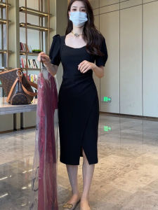 Black Square Neck Bubble Sleeve Short Sleeve Dress Womens Mid-Length Wrap Body Skirt Summer New Design Elegant High Waist Polyester