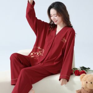 Red Sleepwear Womens Cotton Pajamas Spring Autumn Style Home Clothes Long Sleeve V-Neck Pure Cotton Home Comfortable Suit