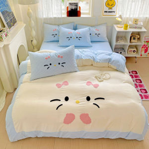 Cute Cat Cream Washed Cotton Bedding Set Three Piece Dormitory Bed Sheet Bed Skirt Style Four Piece Set Student Quarters