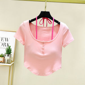 Womens Short Sleeve Yoga Fitness Suit Set with Neck Strap And Chest Pad Pilates Sportswear Comfortable Nylon Spring Summer