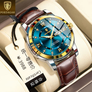 POEDAGAR genuine leather watch for men waterproof original business diamond dual calendar luminous wristwatch