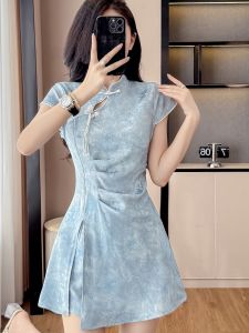 New Chinese Style Summer Two-Piece Set Short Sleeve Stand Collar Slim Fit Qipao Dress Casual Fashion Ensemble for Women