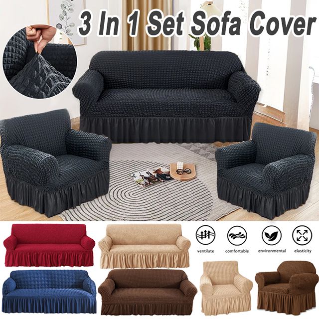 Sofa Cover Set of 3 Pcs Washable High Elastic Seersucker Fabric