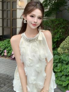 GUZILIAN | French Style Heavy Embroidery Diamond Neck Hanging Vest Loose Sleeveless Three Dimensional Flower Pure Desire Butterfly Knot Top