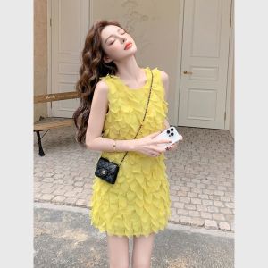 Unique Beautiful Yellow Sleeveless French Style Dress