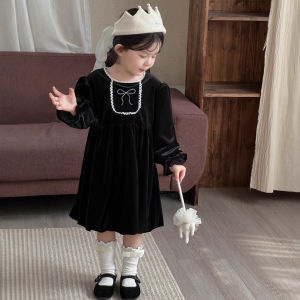 Girls Velvet Dress Princess Skirt with Fleece Long Sleeve Birthday Dress Childrens Clothing Autumn Winter New Style Casual Style