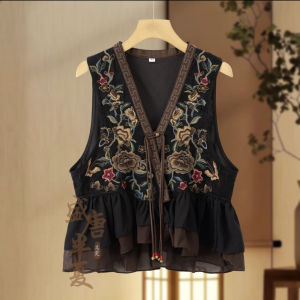 Slimming Embroidered Vest Heavy Embroidery Loose Splicing Sash Autumn Single Button Floral Patterned Backless Style Womens Jacket