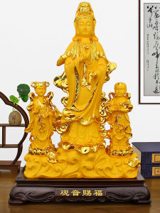 Li Yijia Jintong Jade Girl Guanyin Ornaments Buddha Statue For Home Worship Living Room South Sea Water Lilies Guanyin Bodhisattva