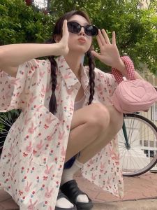 Áo Sơ Mi Nữ Tay Ngắn in Họa Tiết Ngọt Ngào Dáng Rộng Chống Nắng Cỡ Lớn Áo Len Cardigan Chất Liệu Polyester Mùa Hè 2025