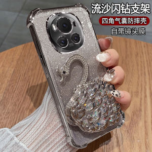 Honor Magic6 pro Silicone Phone Case Full Cover Anti-Fall Transparent Soft Shell with Lens Film Diamond Glitter Stand Base Design
