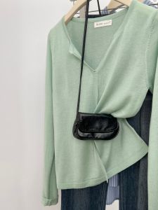 High-End European Style Knitted Base Shirt Mint Wave Green V-Neck Sweater Inner Wear Long Sleeve Commute Silk Top for Women