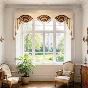 1 Piece Beige Jacquard Coffee Velvet Beaded Tassel Swag Valance Thermal Light Block Decor Window Pelmet for Bedroom Living Room