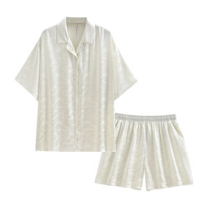 yuenei | Elegant Summer Ice Silk Womens Sleepwear Short Sleeve Home Clothes White High-End Sensation Wearable Outdoor Short Pants