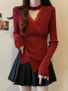 เสื้อสเวตเตอร์ถักคอวีสีแดง ทรงเข้ารูป ไซส์ใหญ่ เสื้อชั้นในผู้หญิง ฤดูใบไม้ผลิและฤดูใบไม้ร่วง ดีไซน์หรูหรา เสื้อผ้าทำงานสไตล์เกาหลี