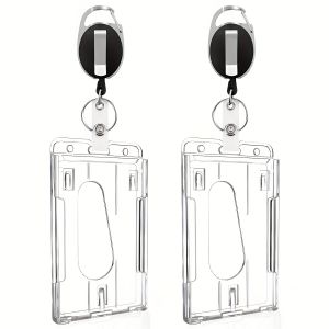 2pcs Heavy-Duty Badge Holders with Retractable Clip - Transparent Scratch-Proof ID & Keychain Cases for Students Bank Cards