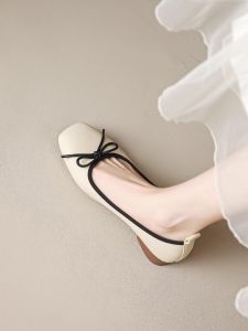 WANGGONGZHU | French Mary Jane Shoes Soft Leather Non-Slip Spring New Square Head Slip-On Thick Heel Flat Bottom Open-Toe Single Shoes