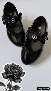 GRACE | Kids Girls Mary Jane Black Patent Leather Flat Shoes Floral Rhinestone Ultra Light Soft & Comfy Anti Slip Sole Size 26-30