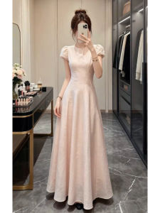 Karrar betsey | French Elegant Pink Puffed Sleeve Summer Long Dress