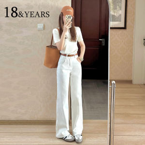 White Slim Wide Leg Denim Jeans Womens Autumn Winter New Thin High Waist Loose Small Size Straight Tube Pants Casual Style