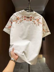 Summer New Style Mens Slim Fit round Neck Short Sleeve T-Shirt Embroidered Plum Blossom Casual Versatile Trendy Half Sleeve