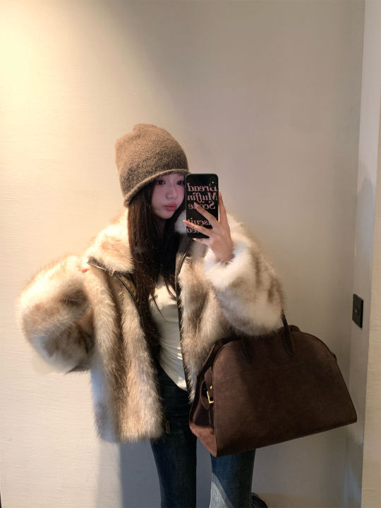 Meng Jia Nan Vtg Rebellious Miss Fox Fur Gradient Zipper Stand Collar Ring Boar Leatherette Women's Fashion Winter Coat
